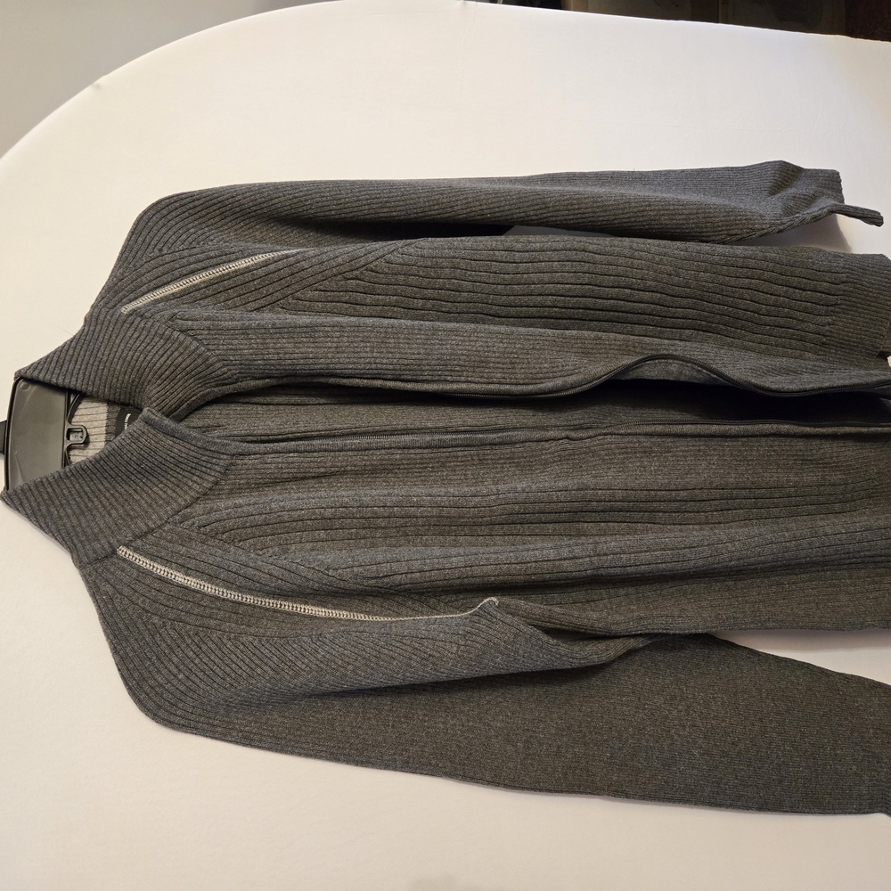 Gray Ribbed Zip-Up Sweater